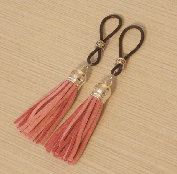 Blushing Pink Leather Mini Flogger Nipple Nooses - Adjustable Loop / Non Piercing Nipple Ring Jewelry - Gear For The Bold