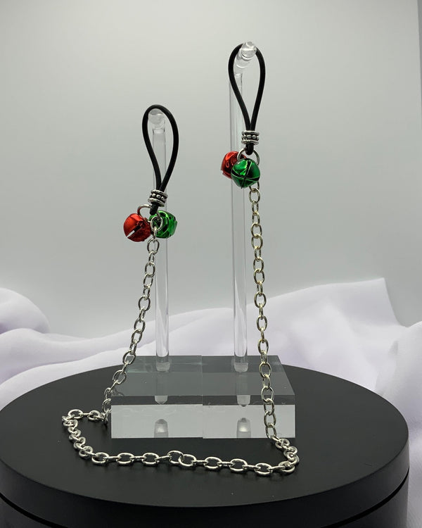 Chained Red + Green Christmas Bells Nipple Nooses - Adjustable Loop / Non Piercing Nipple Ring Jewelry - Gear For The Bold