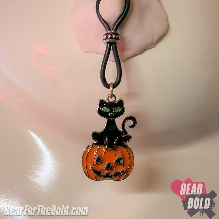 Creepy Black Cat Jack O'Lantern Nipple Nooses - Adjustable Loop / Non Piercing Nipple Ring Jewelry - Gear For The Bold