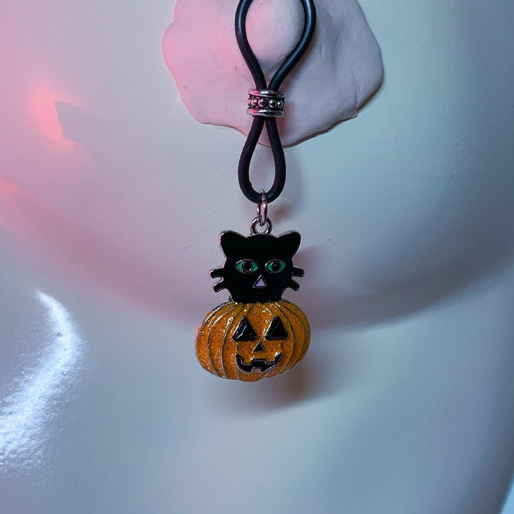 Creepy Cat Jack O'Lantern Nipple Nooses - Adjustable Loop / Non Piercing Nipple Ring Jewelry - Gear For The Bold