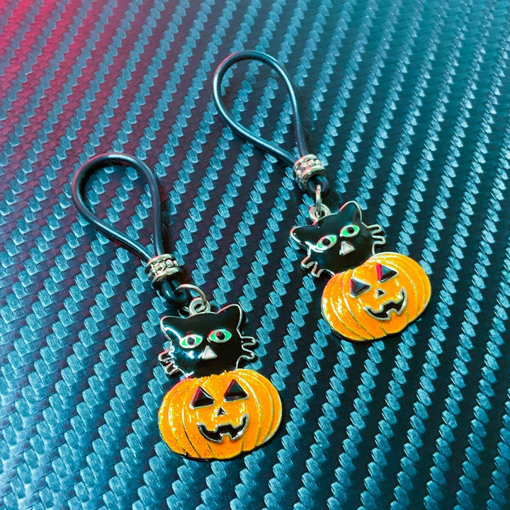 Creepy Cat Jack O'Lantern Nipple Nooses - Adjustable Loop / Non Piercing Nipple Ring Jewelry - Gear For The Bold