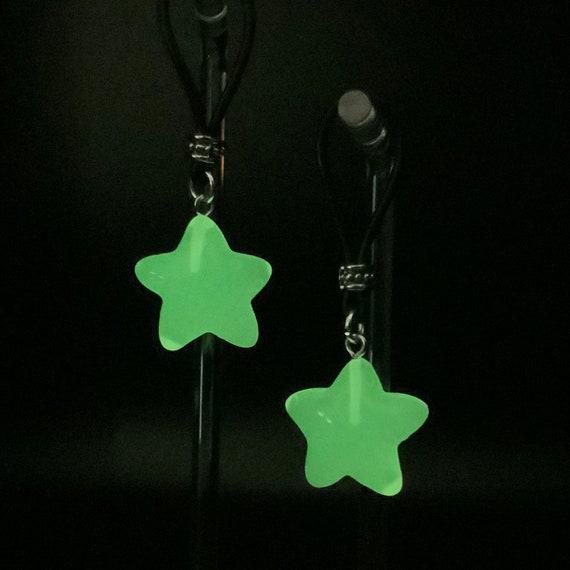 Glow-In-The-Dark Orange Stars Nipple Nooses - Adjustable Loop / Non Piercing Nipple Ring Jewelry - GearfortheBold - Moon & Stars