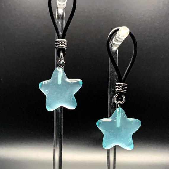 Glow-In-The-Dark Blue Stars Nipple Nooses - Adjustable Loop / Non Piercing Nipple Ring Jewelry - GearfortheBold - Moon & Stars