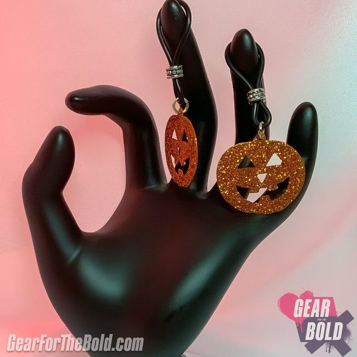 Sparkle Pumpkin Jack O'Lantern Nipple Nooses - Adjustable Loop / Non Piercing Nipple Ring Jewelry - Gear For The Bold